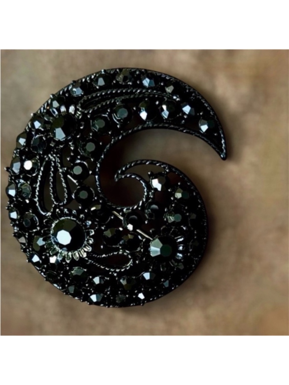 Vintage Paisley Black Rhinestone and Metal Brooch